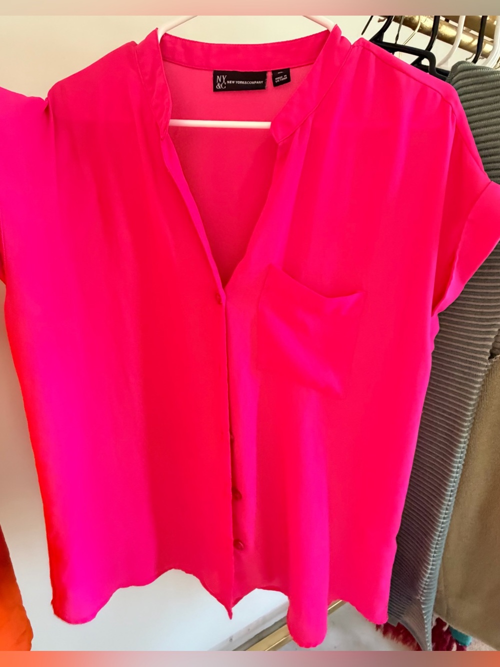 New York & Company Bright Hot Pink V-Neck Button Front Blouse